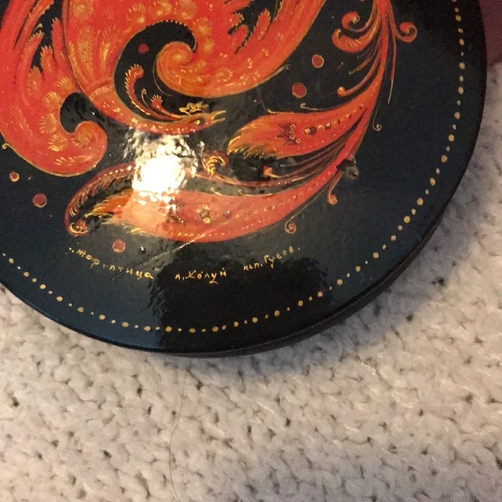 Hand-Painted Black Round Russia Decorative Box with Orange Floral Motif